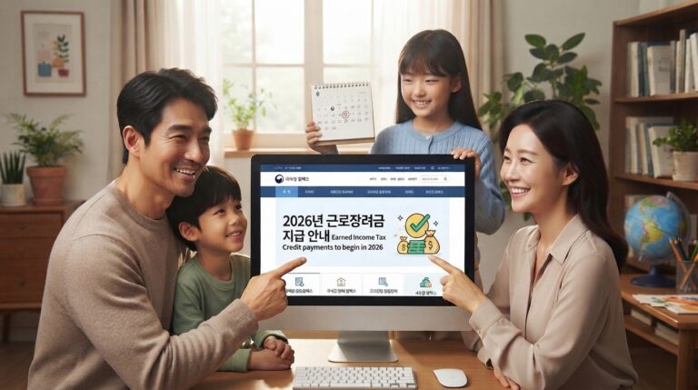 2026년 근로장려금 8월 27일 조기 지급 일정과 심사 진행 상황 조회 가이드 1 PC 모니터 화면 속 '2026년 근로장려금 지급 완료' 메시지를 보며 기뻐하는 한국인 가족