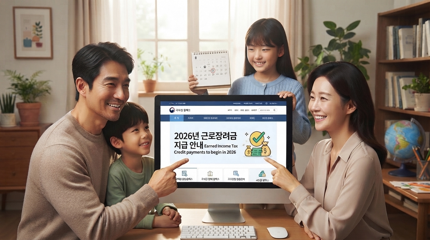 PC 모니터 화면 속 '2026년 근로장려금 지급 완료' 메시지를 보며 기뻐하는 한국인 가족