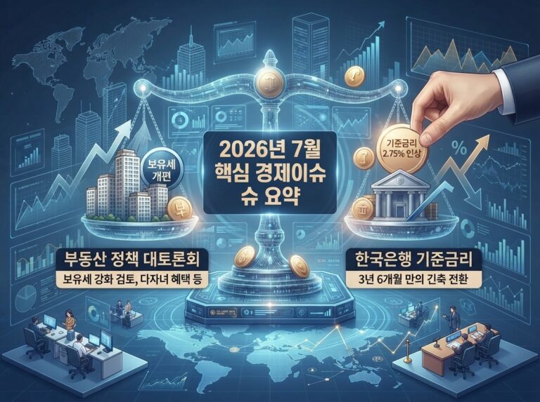 2026년 7월 부동산 대토론회 및 기준금리 인상 핵심 요약,한국은행 기준금리 2.75% 인상과 보유세 개편, 주택 시장 영향과 대응 방안 2 거시경제의 두 주요 축인 부동산 정책과 금융 시장의 기준금리 인상을 저울 형태로 비교·요약한 경제 이슈 인포그래픽