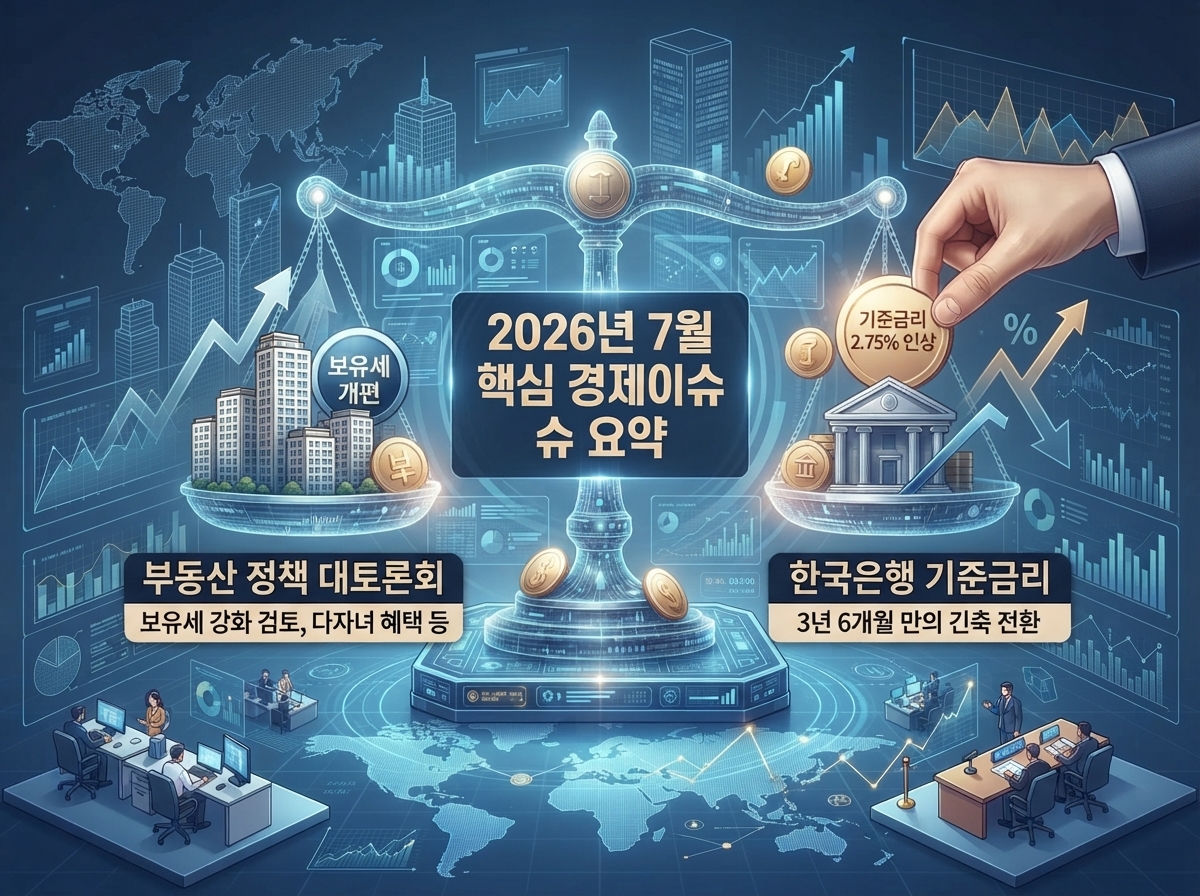 거시경제의 두 주요 축인 부동산 정책과 금융 시장의 기준금리 인상을 저울 형태로 비교·요약한 경제 이슈 인포그래픽