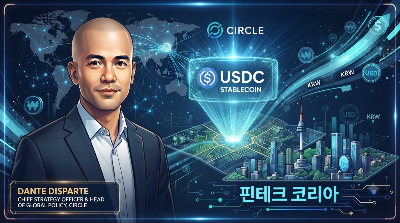 단테 디스파르테와 서클 USDC 스테이블코인, 대한민국 핀테크 혁신을 상징하는 디지털 금융 네트워크 일러스트