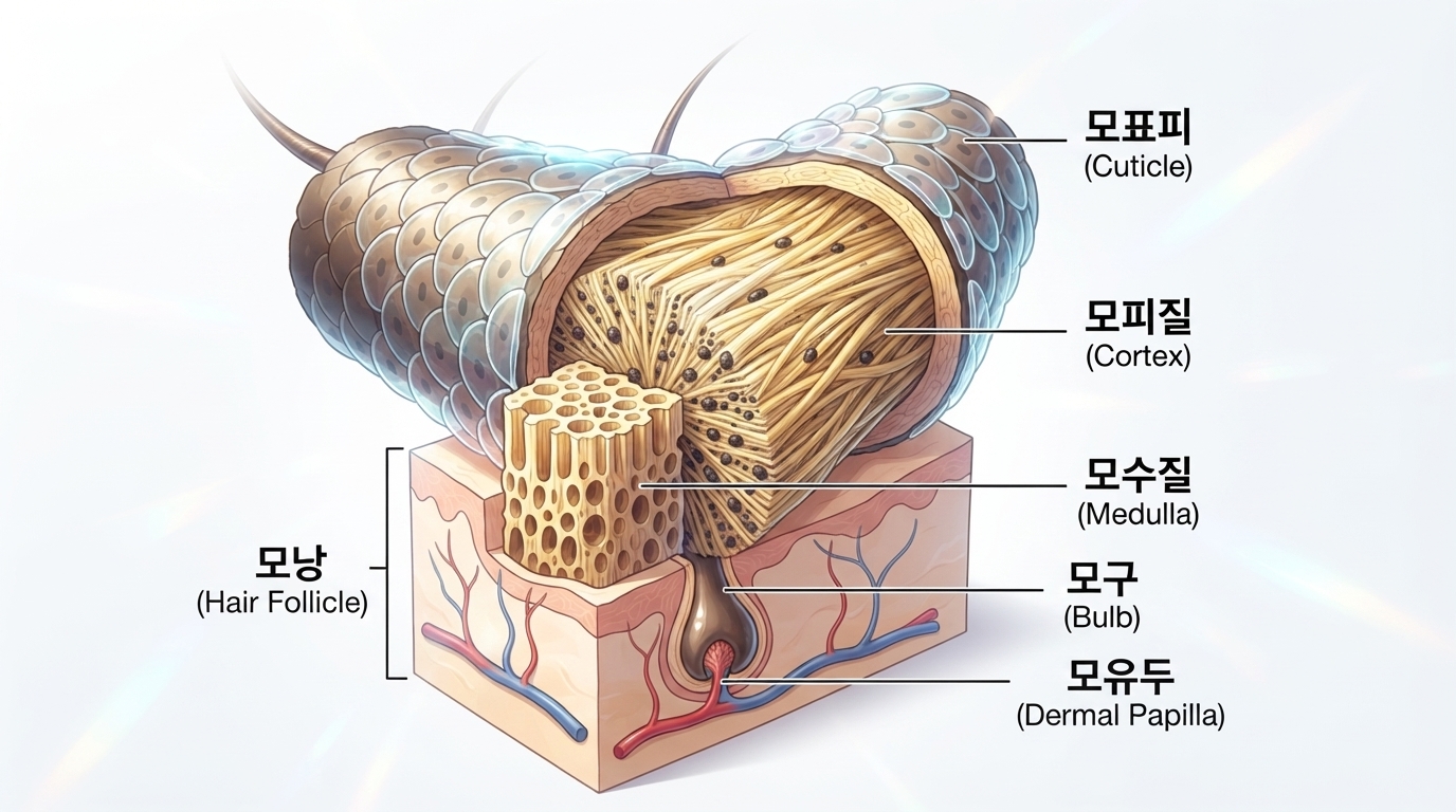 모발의 정의 : 모발의 해부학적 구조와 4단계 성장 주기 (모발 생리학) 2 모발의 해부학적 구조 다이어그램: 모표피, 모피질, 모수질