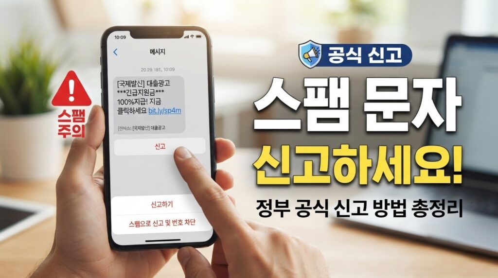 스마트폰 화면에 '스팸 문자 공식 신고' 문구가 표시되어 있고, 정부 신고 사이트 아이콘이 함께 나타난 스팸 문자 신고 안내 일러스트