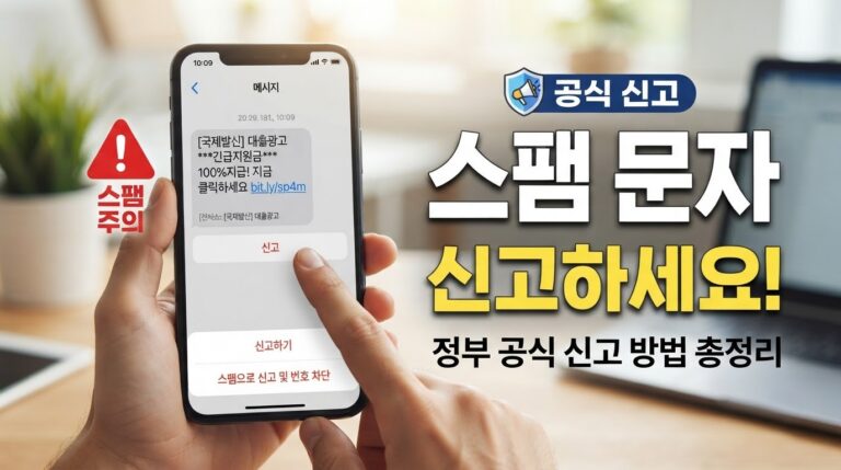 스팸 문자 신고하는 정부 공식 사이트 이용방법! KISA 불법스팸대응센터 신고부터 휴대전화 간편신고까지 총정리 3 스마트폰 화면에 '스팸 문자 공식 신고' 문구가 표시되어 있고, 정부 신고 사이트 아이콘이 함께 나타난 스팸 문자 신고 안내 일러스트