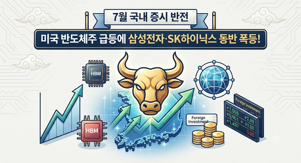 미국 반도체 기업들의 주가 급등으로 인해 7월 국내 증시에서 삼성전자와 SK하이닉스가 폭등하며 시장 분위기가 반전되었음을 시각적으로 요약한 인포그래픽. (2026년 7월)