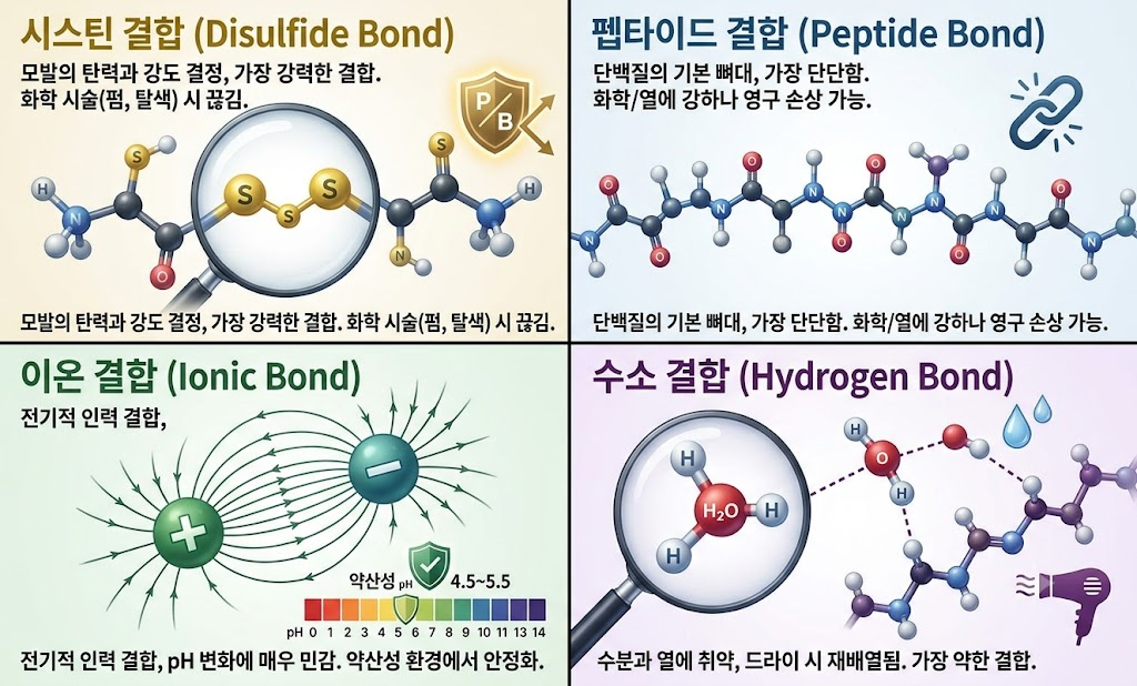 모발의 화학적 구조,머릿결이 상하는 이유: 모발 내부의 4대 화학 결합과 올바른 홈케어 (모발 생리학) 1 "모발의 기본 구조(큐티클, 코르텍스, 메둘라)와 각 층의 기능(외부 자극 차단, 탄력/강도, 열/수분 통로)을 설명하는 과학적 인포그래픽 다이어그램. 상단에는 약산성(pH 4.5-5.5) 샴푸로 모발을 보호한다는 설명과 아이콘이, 하단에는 젖은 상태의 빗질이 자극에 취약하다는 경고 아이콘과 함께 설명되어 있습니다."