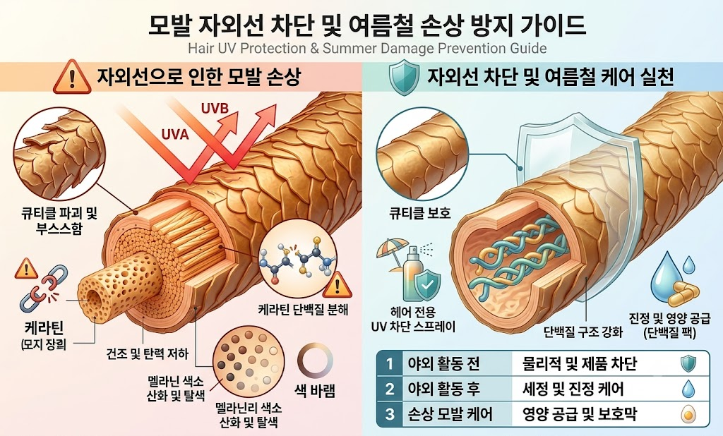 모발 자외선 차단, 피부만큼 중요한 여름철 헤어 케어 (모발 생리학) 1 '모발 자외선 차단 및 여름철 손상 방지 가이드' 인포그래픽. 자외선으로 인한 모발 손상(케라틴 파괴, 색소 산화, 부스스함)과 올바른 케어 실천 방법(UV 스프레이, 큐티클 보호, 영양 공급)을 시각적으로 비교하고, 하단에 야외 활동 전/후 및 손상 시 관리 단계를 3단계로 정리하여 보여줍니다.
