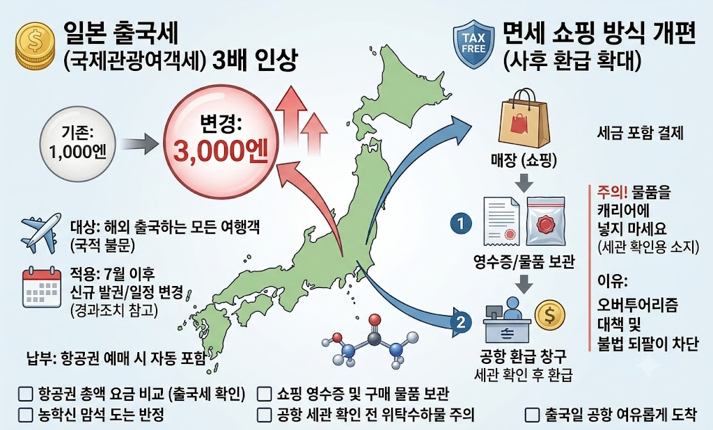 엔저 여행객 주목! 7월 변경된 일본 출국세 및 쇼핑 면세 꿀팁! (일본 여행) 1 "7월부터 변경된 일본 출국세(국제관광여객세) 3배 인상 및 사후 면세 환급 제도 개편 안내 인포그래픽. 기존 1,000엔에서 3,000엔으로 인상된 출국세와, 매장에서 선결제 후 공항에서 환급받는 방식으로 바뀐 면세 절차를 시각적으로 비교하고 있습니다."