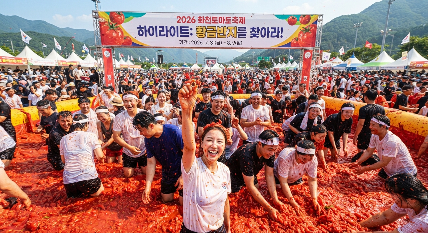 2026 화천토마토축제 추진일정 및 하이라이트 '황금반지를 찾아라' 2 "토마토 축제의 하이라이트인 '황금반지를 찾아라' 이벤트에서 붉게 물든 참가자들이 환호하고 있으며, 그중 한 여성이 토마토 범벅이 된 손으로 작은 금반지를 높이 들어 보이고 있다. 뒤로는 축제 현장의 텐트들과 산이 보인다."