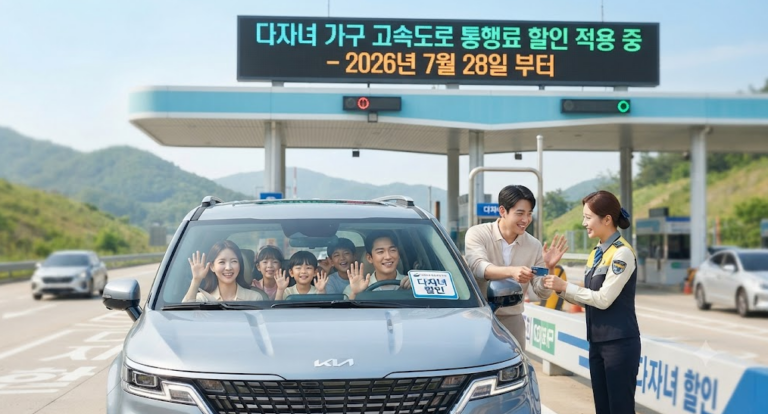 다자녀가구 고속도로 통행료 할인 신청 방법 및 2026년 기준 총정리 (2자녀·3자녀 혜택) 3 고속도로 요금소를 배경으로 행복하게 웃으며 손을 흔드는 다자녀 가족과 정부의 지원 정책을 안내하는 전광판