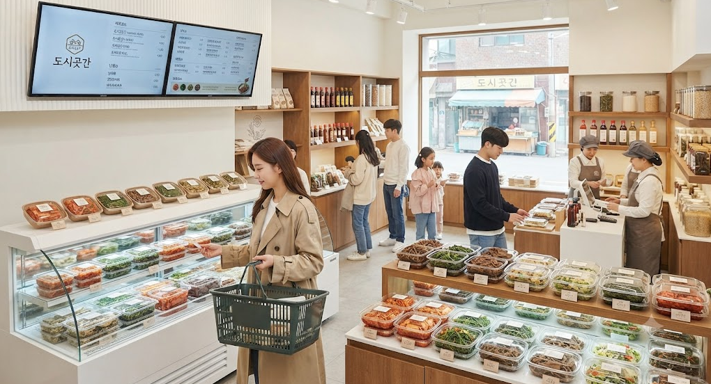 이웃집 백만장자 반찬가게 도시곳간 메뉴, 표준화 레시피 및 창업 스토리 2 도시곳간 프리미엄 반찬 편집숍 내부 전경. 쇼핑 카트를 든 손님과 정갈하게 진열된 반찬 냉장고가 보인다.