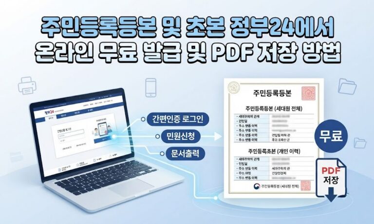 주민등록등본 및 초본 정부24에서 온라인 무료 발급 및 PDF 저장 방법 11 정부24 홈페이지를 통해 주민등록등본 및 초본을 온라인으로 무료 발급받고 PC에서 PDF 파일로 저장하는 과정을 보여주는 화면 예시 이미지