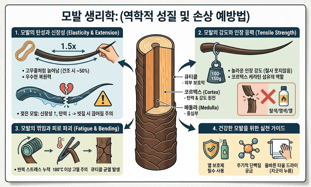 모발의 역학적 성질 ,물리적·역학적 특성과 손상 예방법 (모발 생리학) 2 모발 생리학 인포그래픽: 모발 구조(큐티클, 코르텍스, 메둘라)와 주요 역학적 성질(탄성, 강도, 피로 파괴)에 대한 설명, 그리고 열 보호제 사용, 단백질 공급, 올바른 타올 드라이 등 손상 예방을 위한 실천 가이드 요약