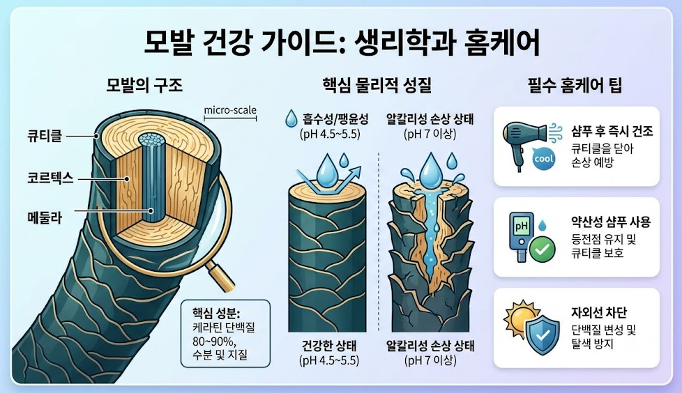 모발의 일반적 성질과 건강한 머릿결을 위한 필수 홈케어 (모발 생리학) 2 모발의 3중 구조(큐티클, 코르텍스, 메둘라)와 수분 및 pH에 따른 모발 상태 변화, 그리고 샴푸 후 즉시 건조, 약산성 샴푸 사용, 자외선 차단 등 건강한 머릿결을 위한 필수 홈케어 팁을 설명하는 인포그래픽