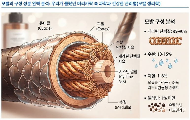 모발의 구성 성분 완벽 분석: 우리가 몰랐던 머리카락 속 과학과 건강한 관리법(모발 생리학) 2 모발의 내부 구조인 큐티클, 피질, 수질의 단면과 케라틴 단백질 구성 성분을 보여주는 과학 일러스트