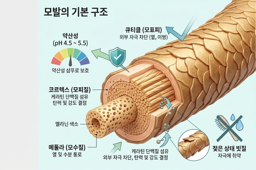 약산성 샴푸를 써야 하는 이유: 모발의 기본 구조와 단백질 보호 (모발 생리학) 2 모발의 3중 구조(큐티클, 코르텍스, 메둘라)와 약산성 샴푸를 활용한 단백질 보호 방법을 설명하는 인포그래픽