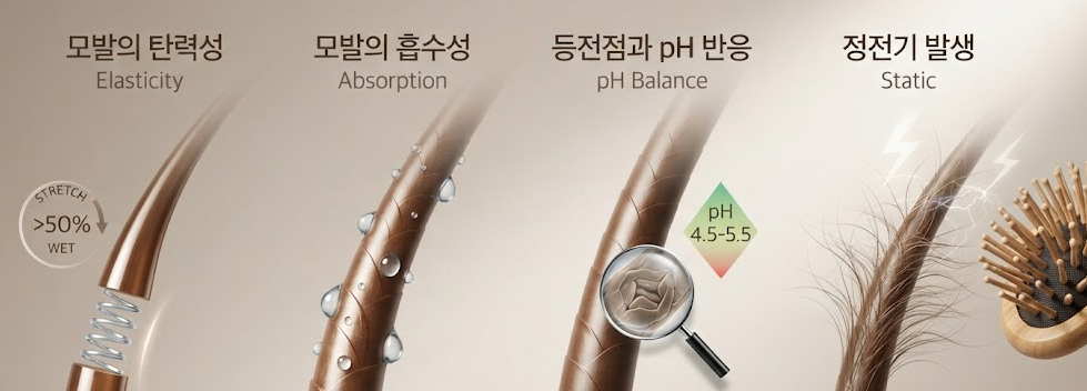 "모발의 탄력성, 흡수성, pH 반응, 정전기 발생 등 4가지 핵심 물리적 성질을 비교 설명하는 인포그래픽"
