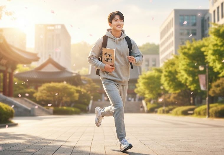 따뜻한 아침 햇살이 비치는 캠퍼스 교정을 배경으로, 교복 대신 편안한 복장을 한 젊은 수험생이 힘차게 달리고 있습니다. 학생의 얼굴에는 자신감과 설렘이 가득하며, 손에는 '수능 대박' 노트가 살짝 보입니다. 새로운 시작을 향한 열정과 희망찬 미래를 상징합니다.