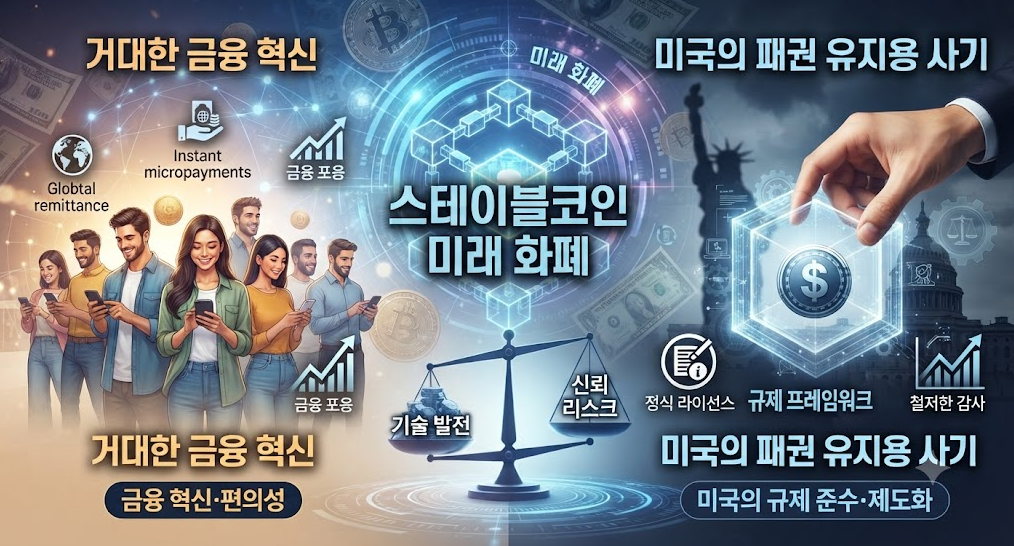 실생활 파고든 미래 화폐 스테이블코인, 거대한 금융 혁신일까 미국의 패권 유지용 사기일까? 2 거대한 금융 혁신과 미국의 규제 준수라는 스테이블코인의 양면성을 비교하는 인포그래픽. 왼쪽에는 포용·편의성을, 오른쪽에는 제도화·안전장치를 상징하는 아이콘들이 배치되어 있다.
