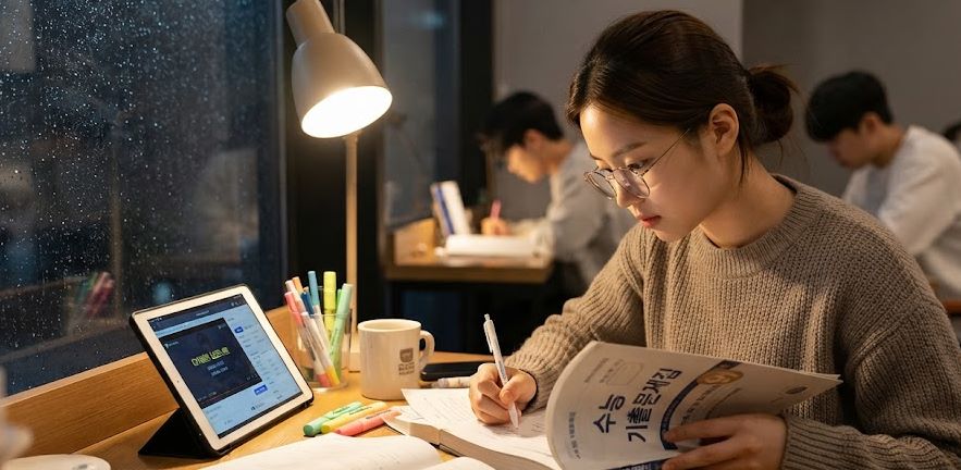 조용하고 아늑한 스터디 카페에서 한 수험생이 검정고시 합격과 수능 고득점을 목표로 공부에 집중하고 있습니다. 책상 위에는 수능 기출문제집과 인터넷 강의 태블릿, 필기구들이 놓여 있고, 학생은 형광펜을 들고 꼼꼼하게 학습 내용을 체크하고 있습니다. 노력과 결실을 맺는 과정을 시각적으로 표현합니다.