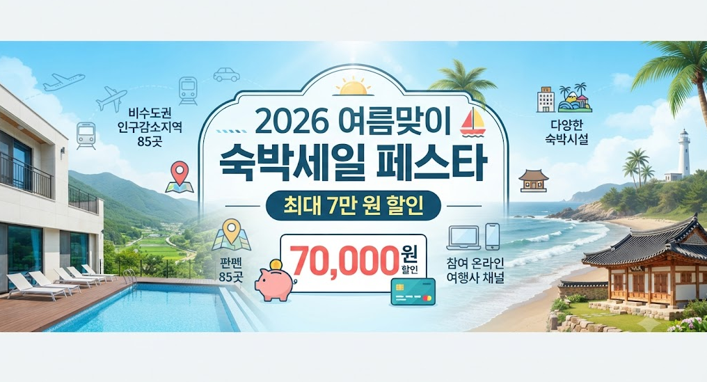 2026 여름맞이 숙박세일 페스타 신청 방법, 최대 7만 원 할인 조건 및 사용처 총정리 2 2026 여름맞이 숙박세일 페스타의 최대 7만 원 할인 혜택과 비수도권 인구감소지역 숙박 할인 정보를 담은 일러스트 배너 이미지