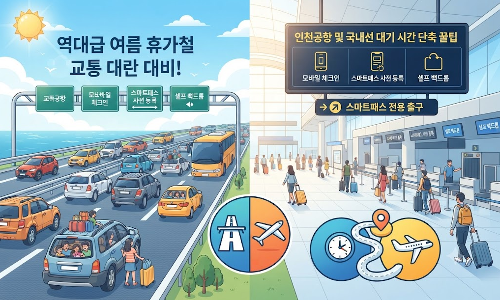 역대급 여름 휴가철 교통 대란 대비! 고속도로 혼잡 구간 및 공항 이용 꿀팁 1 여름 휴가철 교통 대란에 대비하여 고속도로 혼잡 구간을 피하고, 공항에서 스마트패스와 모바일 체크인 등 스마트 기술을 활용해 대기 시간을 줄이는 방법을 안내하는 인포그래픽