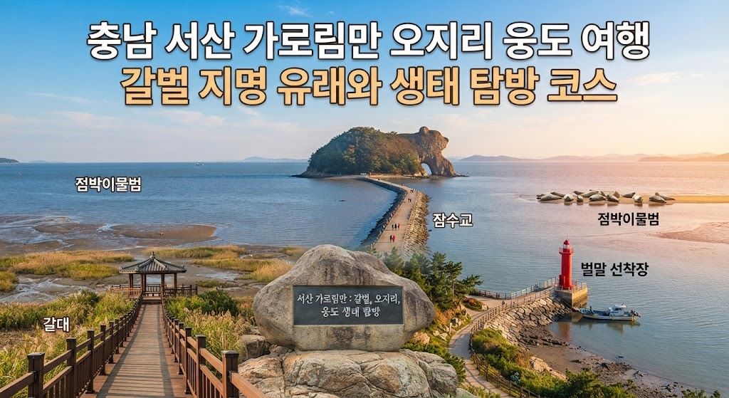 충남 서산 가로림만, 오지리 벌말 선착장의 빨간 등대와 몽돌해변, 그리고 바닷길이 열리는 웅도의 풍경을 담은 생태 여행 대표 이미지