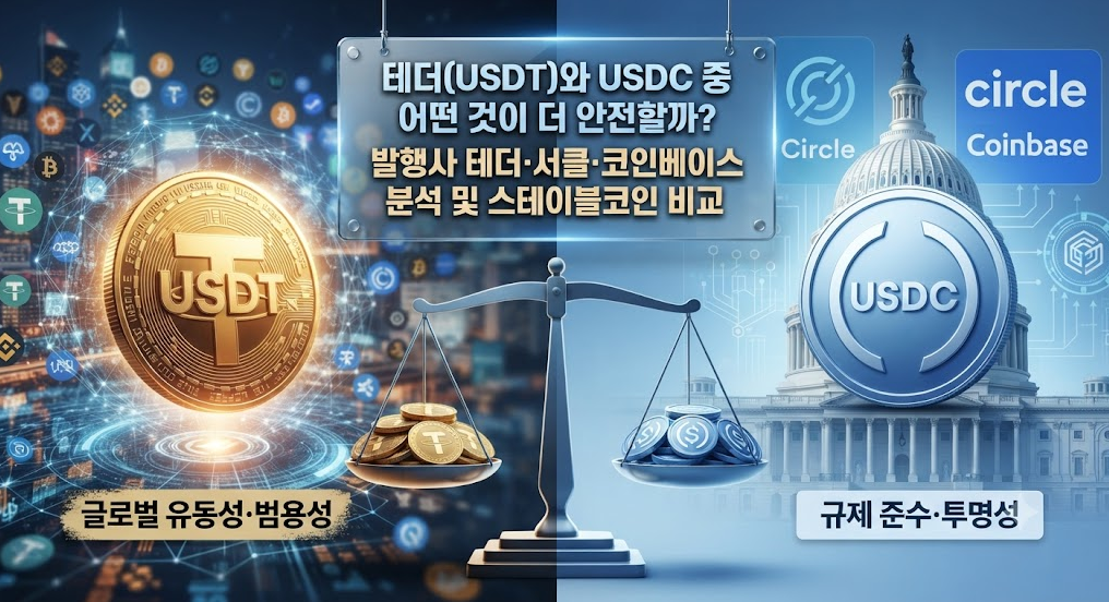 테더(USDT)와 USDC 중 어떤 것이 더 안전할까? 발행사 테더·서클·코인베이스 분석 및 스테이블코인 비교 2 테더(USDT)와 USD코인(USDC)의 특징을 비교하는 저울과 각 발행사(테더 리미티드, 서클, 코인베이스)의 상징 요소가 담긴 인포그래픽 이미지