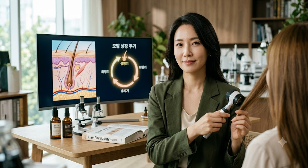 모발 성장 주기(성장기, 퇴행기, 휴지기)가 그려진 모니터 화면 옆에서 전문가가 고객의 머리카락과 두피 상태를 진단하고 있는 모습