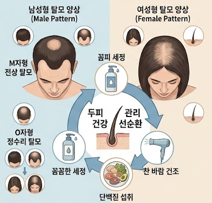 남성형 및 여성형 탈모 양상 비교와 올바른 세정, 건조, 영양 관리를 통한 두피 건강 선순환 구조 인포그래픽