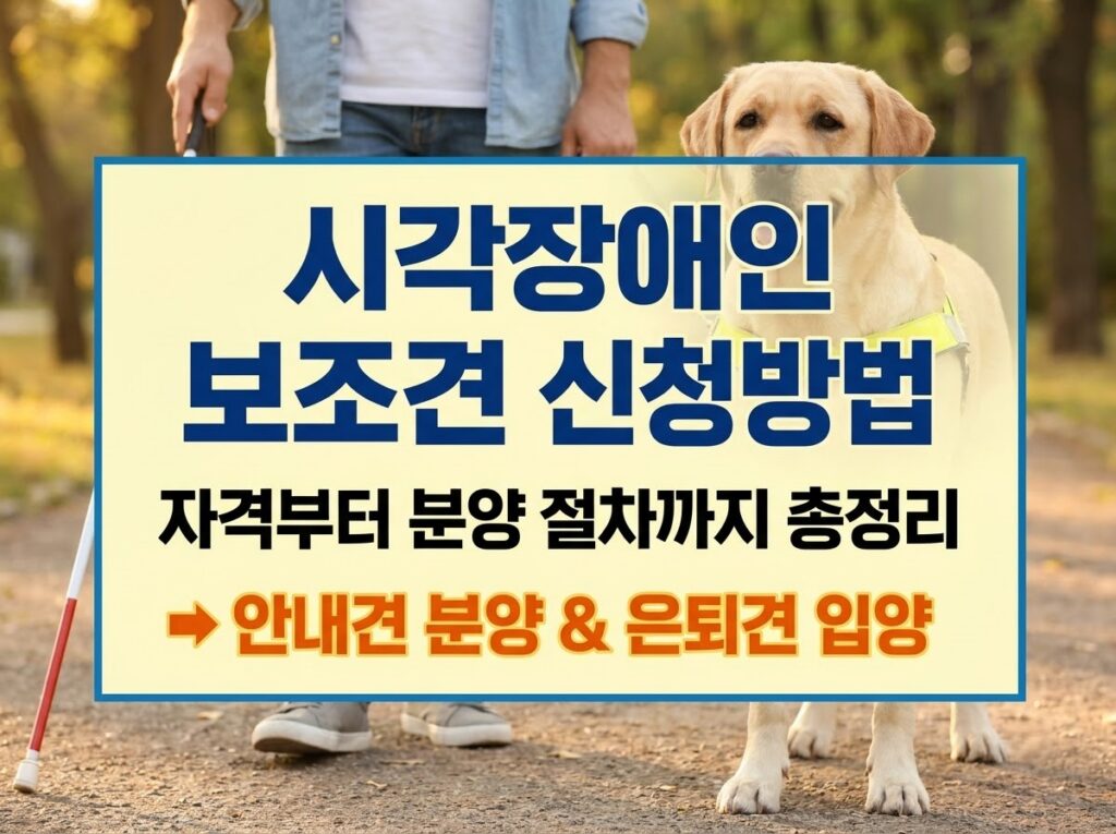 듬직한 안내견 사진과 함께 '시각장애인 보조견 신청방법, 자격부터 분양 절차까지 총정리, 안내견 분양 및 은퇴견 입양'이라는 문구가 적힌 썸네일 이미지