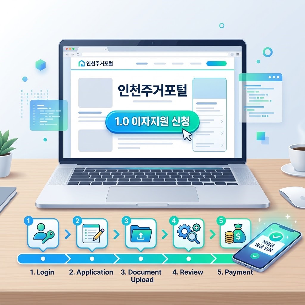 2026 인천 신생아 1.0 이자지원 신청방법 및 자격·서류 정리 3 노트북 화면 속 '인천주거포털' 메인 페이지와 그 앞을 흐르는 단계별(1~5) 아이콘 화살표. 마지막 단계에서 지원금이 계좌로 입금되는 이미지.
