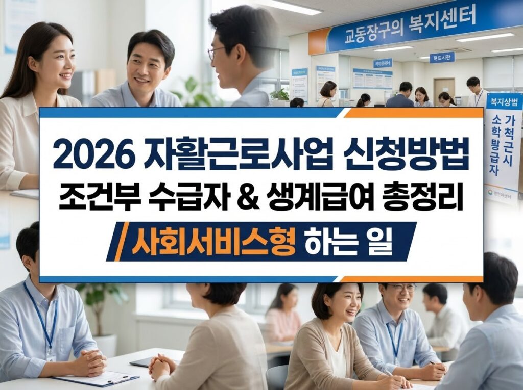 '2026 자활근로사업 신청방법, 조건부 수급자 & 생계급여 총정리, 사회서비스형 하는 일'이라는 문구가 적힌 정보 안내 썸네일 이미지