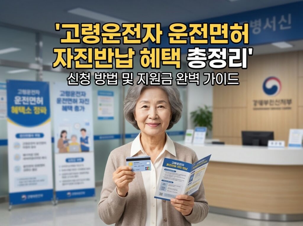 고령운전자 면허 자진반납 혜택! 75세 이상 운전면허 반납 절차와 지원 내용 1 고령 운전자가 지역 교통카드와 운전면허 자진반납 안내 책자를 들고 활짝 웃고 있는 일러스트 이미지. 배경은 안전한 도심 거리와 평화로운 풍경이며, 상단에 '고령운전자 운전면허 자진반납 혜택 총정리'라는 문구가 쓰여 있다.