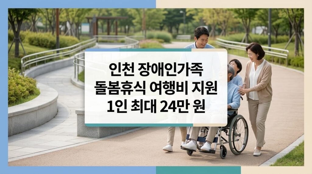 휠체어를 이용하는 장애인과 가족이 밝게 웃으며 함께 여행을 즐기는 모습